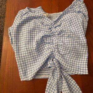 Blue Gingham Ruched Crop Top